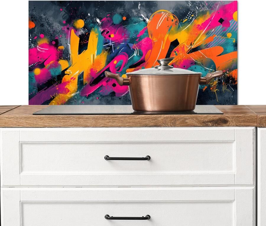 KitchenYeah Spatscherm keuken 90x45 cm Kookplaat achterwand Abstract Graffiti Kleurrijk Verfspatten Muurbeschermer Spatwand fornuis Hoogwaardig aluminium