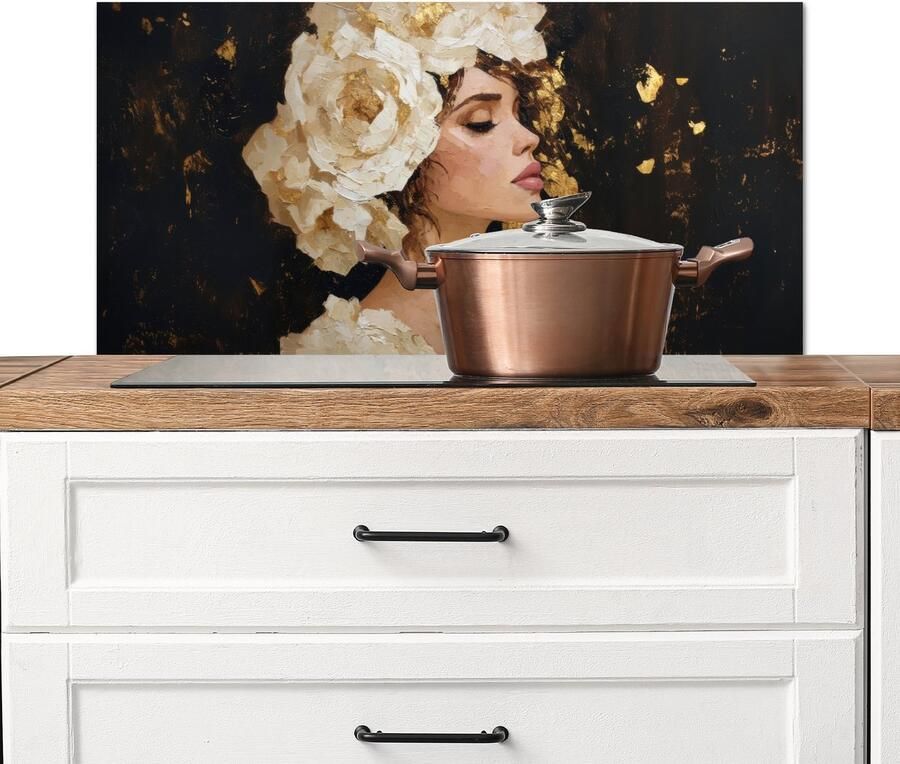 KitchenYeah Spatscherm keuken 90x45 cm Kookplaat achterwand Abstract Vrouw Bloemen Wit Muurbeschermer Spatwand fornuis Hoogwaardig aluminium