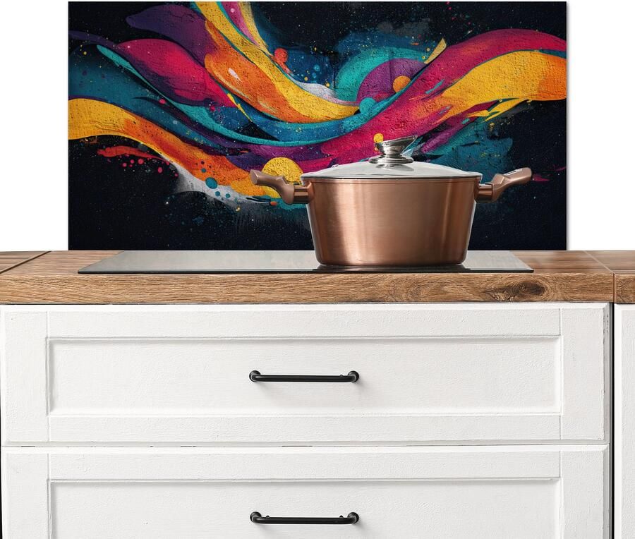 KitchenYeah Spatscherm keuken 80x40 cm Kookplaat achterwand Banen Golven Kleurrijk Abstract Muurbeschermer Spatwand fornuis Hoogwaardig aluminium