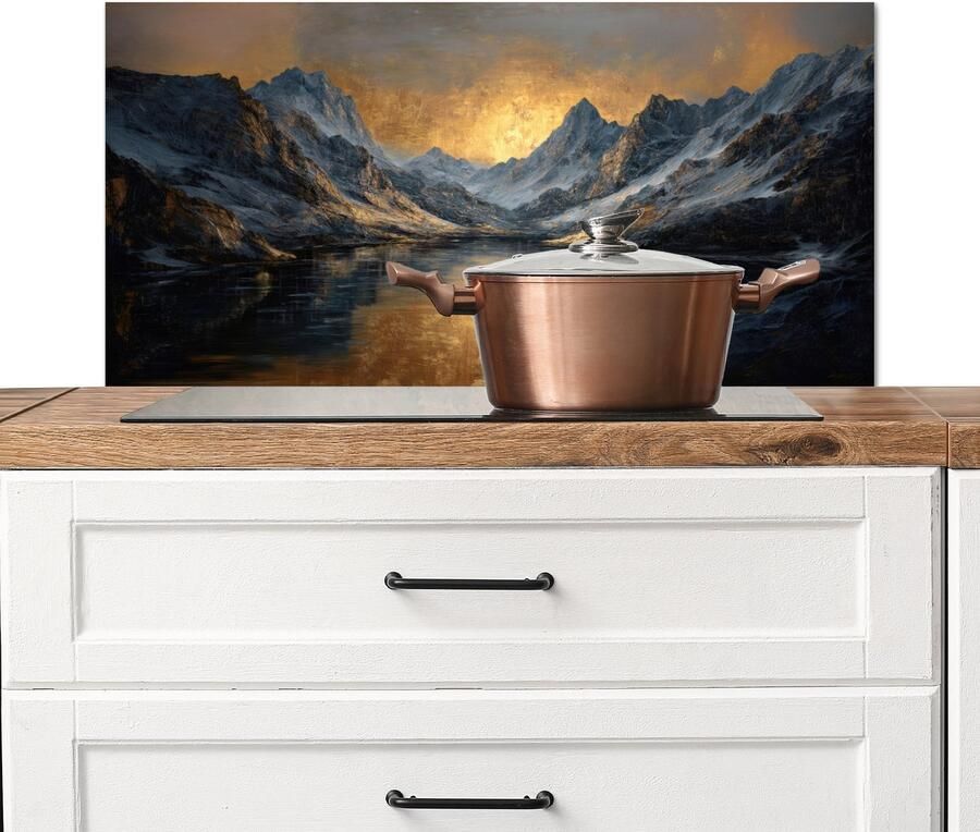 KitchenYeah Spatscherm keuken 90x45 cm Kookplaat achterwand Berglandschap met Gouden Zonsondergang Muurbeschermer Spatwand fornuis Hoogwaardig aluminium