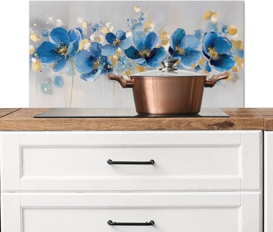 KitchenYeah Spatscherm keuken 90x45 cm Kookplaat achterwand Bloemen Blauw Abstract Muurbeschermer Spatwand fornuis Hoogwaardig aluminium