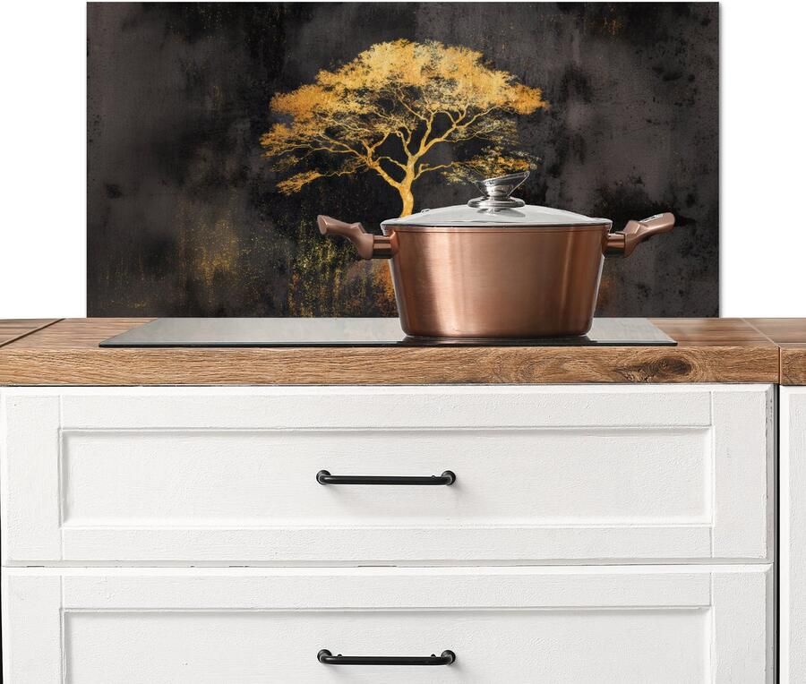 KitchenYeah Spatscherm keuken 80x40 cm Kookplaat achterwand Boom Schilderij Goud Abstract Muurbeschermer Spatwand fornuis Hoogwaardig aluminium