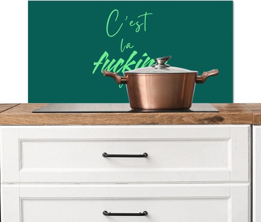 KitchenYeah Spatscherm keuken 80x40 cm Kookplaat achterwand c'est la fucking vie Groen Handgeschreven Muurbeschermer Spatwand fornuis Hoogwaardig aluminium