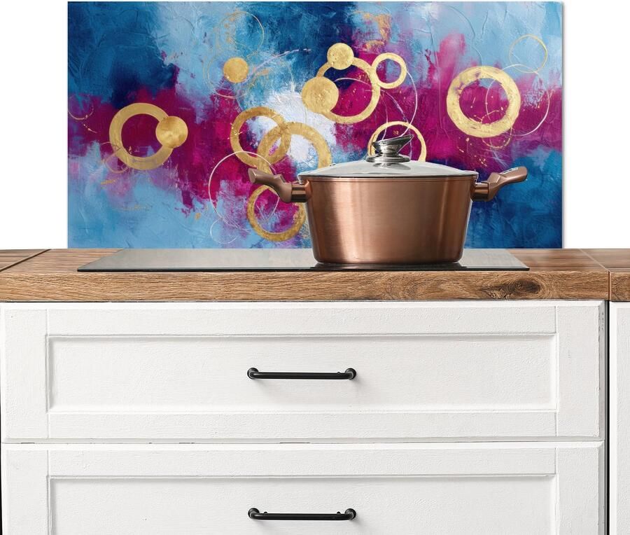 KitchenYeah Spatscherm keuken 80x40 cm Kookplaat achterwand Cirkels Goud Abstract Muurbeschermer Spatwand fornuis Hoogwaardig aluminium