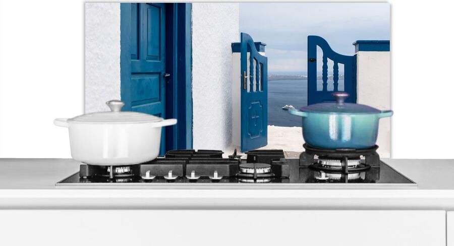 KitchenYeah Spatscherm keuken 80x40 cm Kookplaat achterwand Deur Blauw Wit Architectuur Muurbeschermer Spatwand fornuis Hoogwaardig aluminium