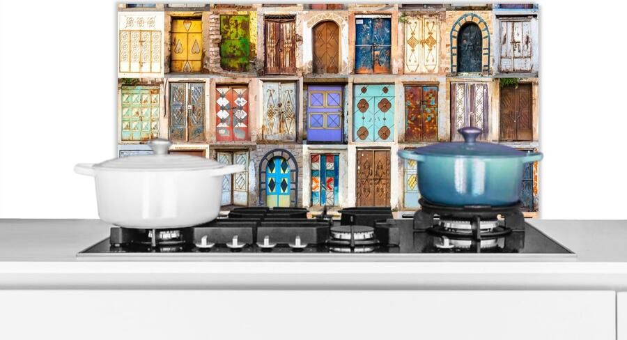 KitchenYeah Spatscherm keuken 80x40 cm Kookplaat achterwand Deuren Architectuur Vintage Collage Muurbeschermer Spatwand fornuis Hoogwaardig aluminium