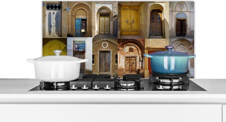 KitchenYeah Spatscherm keuken 80x40 cm Kookplaat achterwand Deuren Kleurrijk Architectuur Collage Vintage Muurbeschermer Spatwand fornuis Hoogwaardig aluminium