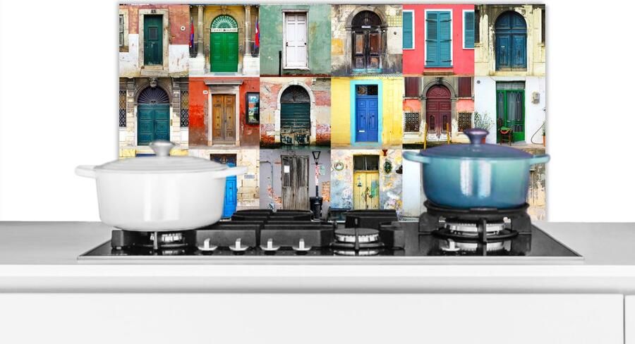 KitchenYeah Spatscherm keuken 80x40 cm Kookplaat achterwand Deuren Regenboog Architectuur Collage Muurbeschermer Spatwand fornuis Hoogwaardig aluminium