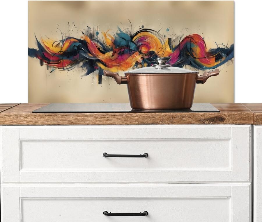 KitchenYeah Spatscherm keuken 90x45 cm Kookplaat achterwand Explosie Kleurrijk Vormen Abstract Muurbeschermer Spatwand fornuis Hoogwaardig aluminium