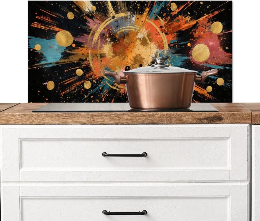 KitchenYeah Spatscherm keuken 80x40 cm Kookplaat achterwand Explosie Verfstructuur Goud Abstract Muurbeschermer Spatwand fornuis Hoogwaardig aluminium