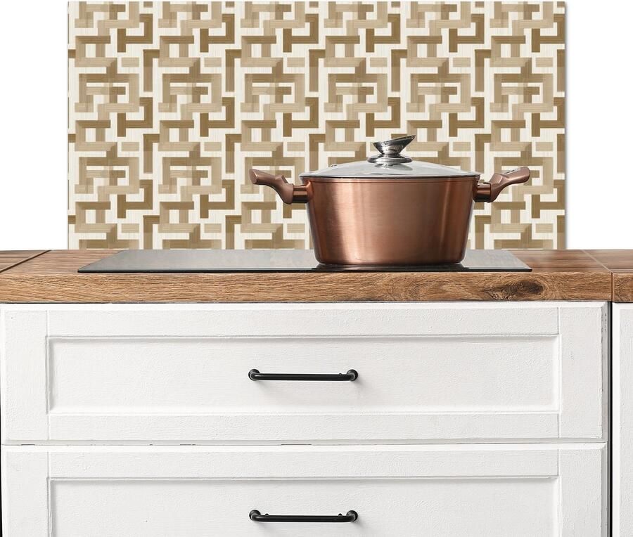 KitchenYeah Spatscherm keuken 90x45 cm Kookplaat achterwand Geometrisch Retro Bruin Muurbeschermer Spatwand fornuis Hoogwaardig aluminium