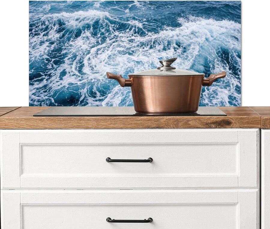 KitchenYeah Spatscherm keuken 80x40 cm Kookplaat achterwand Golven Oceaan Blauw Muurbeschermer Spatwand fornuis Hoogwaardig aluminium