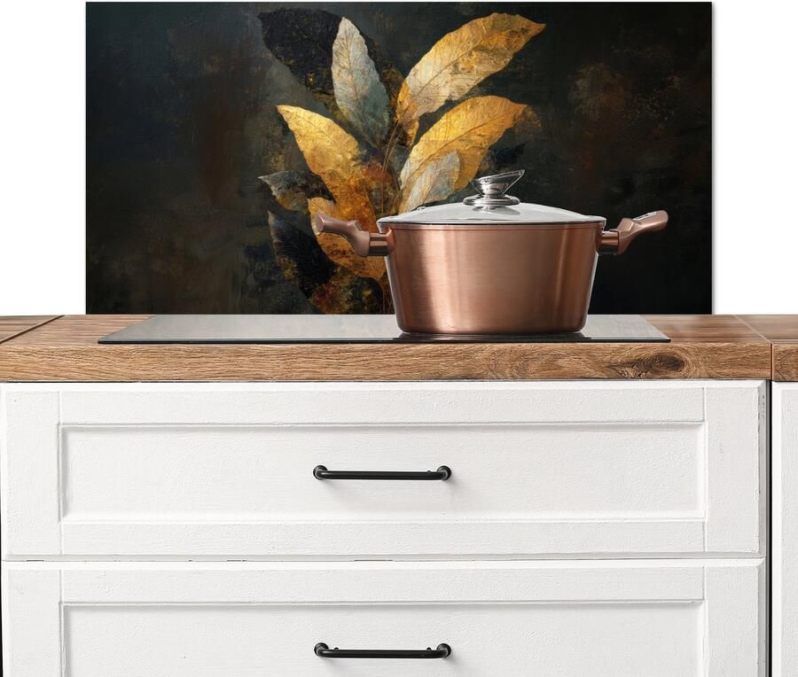 KitchenYeah Spatscherm keuken 80x40 cm Kookplaat achterwand Gouden Bladcompositie – Botanische Luxe Muurbeschermer Spatwand fornuis Hoogwaardig aluminium