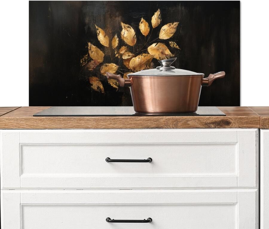 KitchenYeah Spatscherm keuken 90x45 cm Kookplaat achterwand Gouden Bladeren op Donkere Achtergrond Muurbeschermer Spatwand fornuis Hoogwaardig aluminium