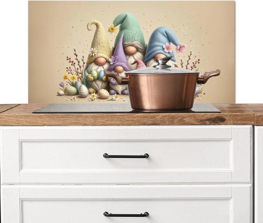KitchenYeah Spatscherm keuken 90x45 cm Kookplaat achterwand Kabouters Familie Eieren Pastelkleuren Muurbeschermer Spatwand fornuis Hoogwaardig aluminium
