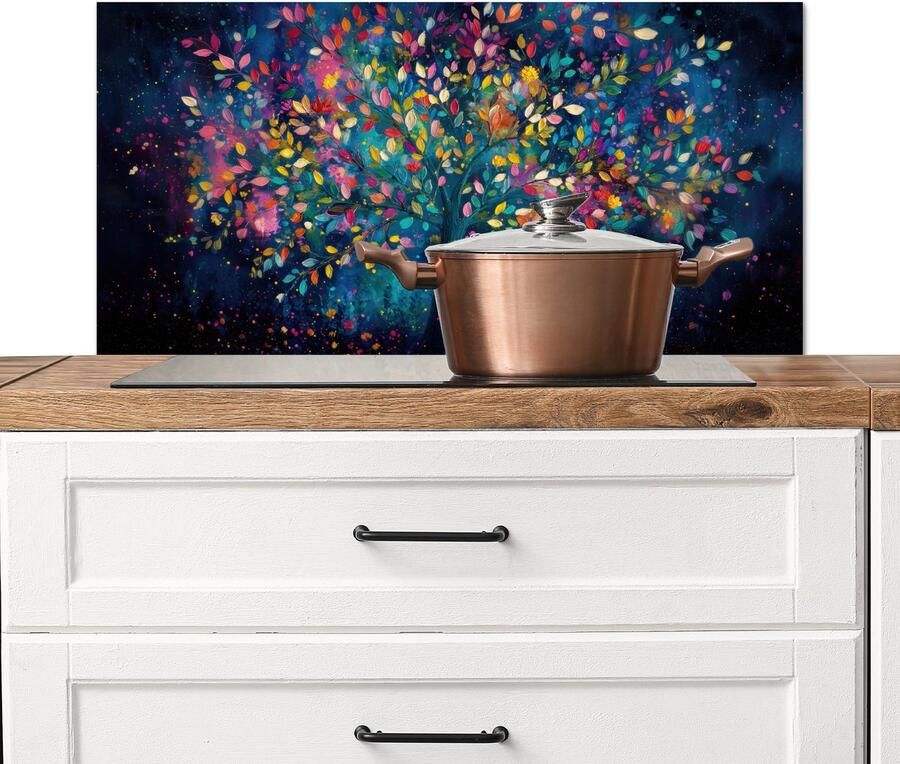 KitchenYeah Spatscherm keuken 90x45 cm Kookplaat achterwand Kleurrijk Boom Magisch Abstract Muurbeschermer Spatwand fornuis Hoogwaardig aluminium