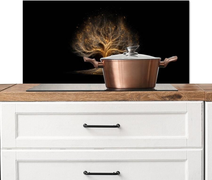KitchenYeah Spatscherm keuken 90x45 cm Kookplaat achterwand Lichtjes Boom Abstract Zwart Muurbeschermer Spatwand fornuis Hoogwaardig aluminium