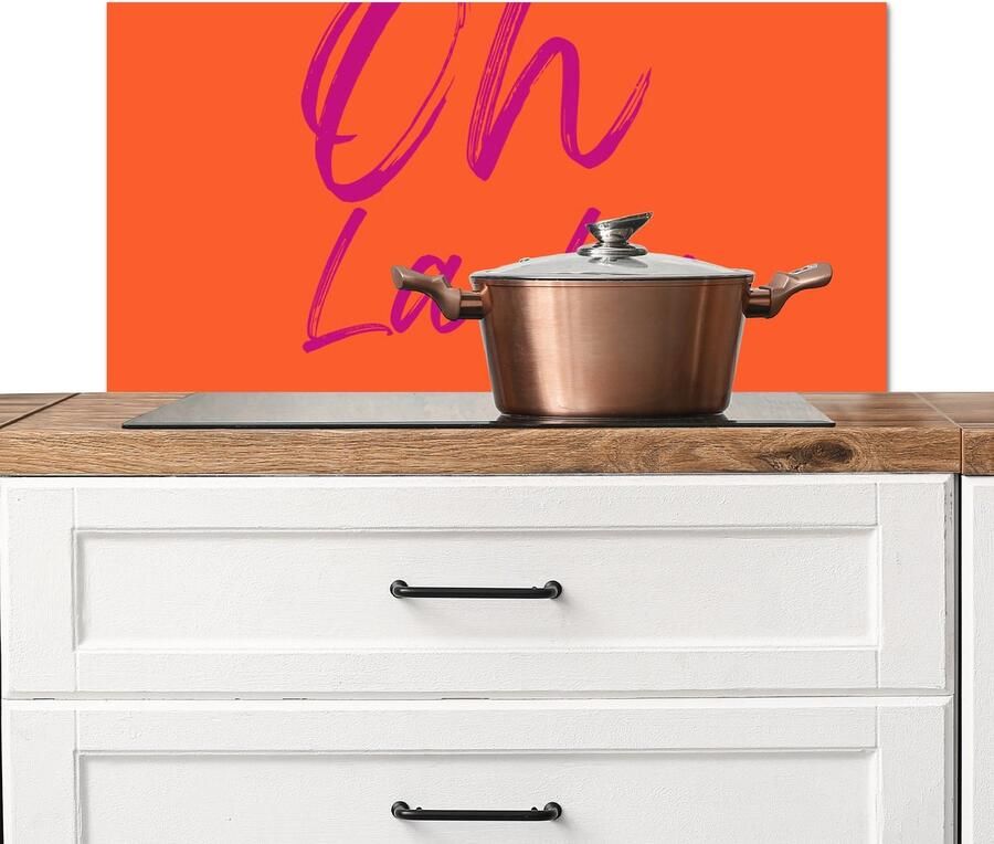KitchenYeah Spatscherm keuken 90x45 cm Kookplaat achterwand Oh la Oranje Roze Grafisch Muurbeschermer Spatwand fornuis Hoogwaardig aluminium