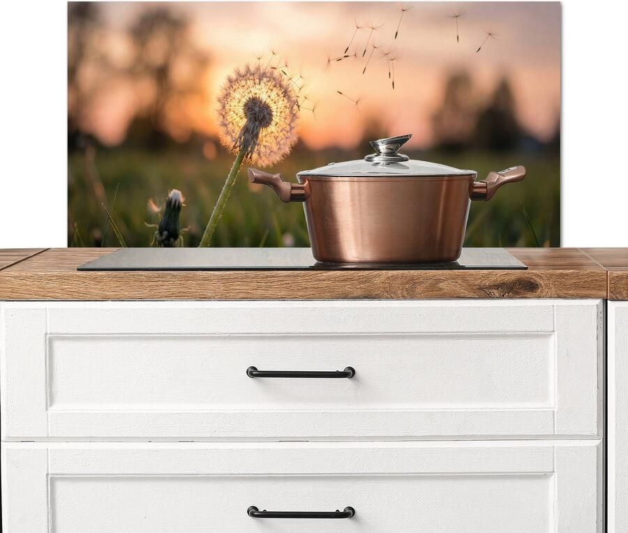 KitchenYeah Spatscherm keuken 80x40 cm Kookplaat achterwand Paardenbloem Zonsondergang Veld Muurbeschermer Spatwand fornuis Hoogwaardig aluminium