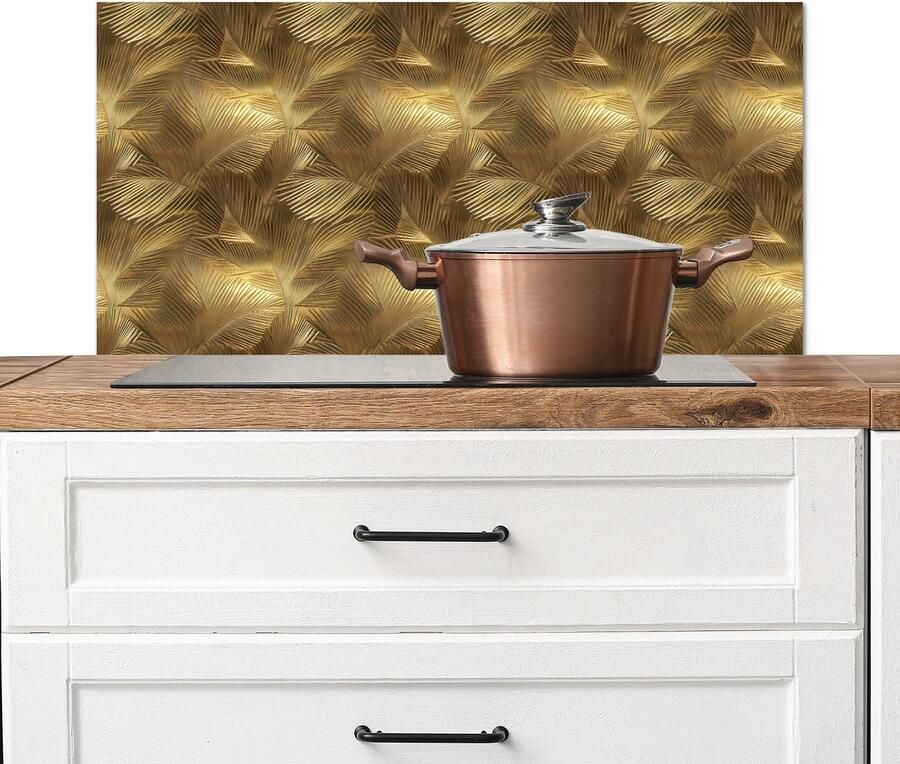 KitchenYeah Spatscherm keuken 80x40 cm Kookplaat achterwand Palm Waaier Goud Muurbeschermer Spatwand fornuis Hoogwaardig aluminium