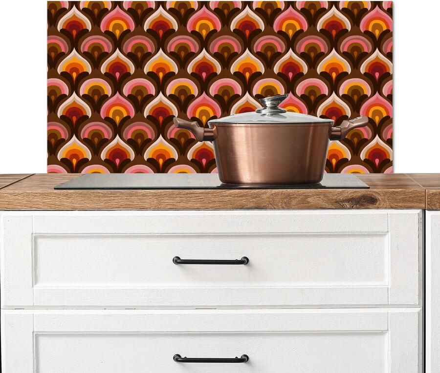 KitchenYeah Spatscherm keuken 90x45 cm Kookplaat achterwand Patroon Retro Kleurrijk Muurbeschermer Spatwand fornuis Hoogwaardig aluminium