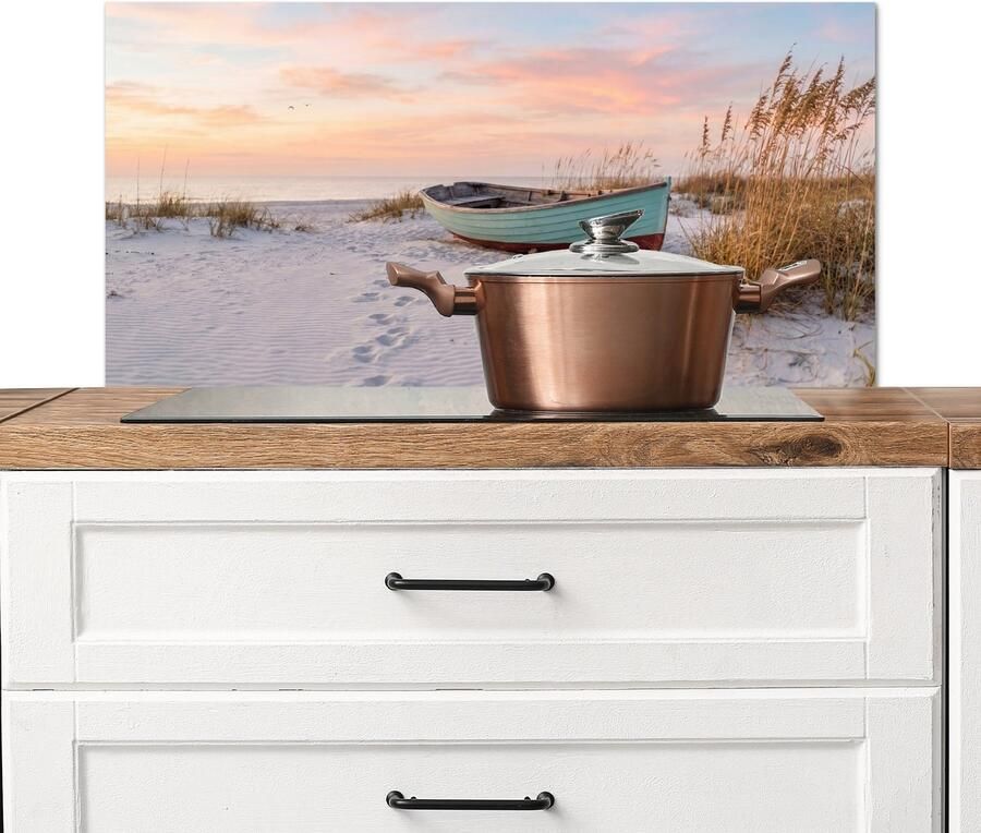 KitchenYeah Spatscherm keuken 80x40 cm Kookplaat achterwand Rustiek Roeiboot Zandstrand Muurbeschermer Spatwand fornuis Hoogwaardig aluminium