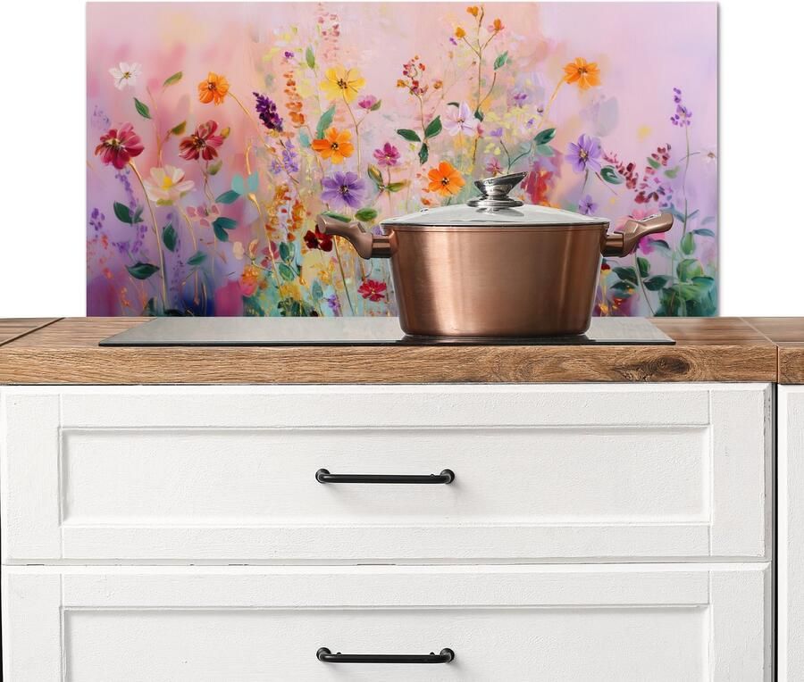 KitchenYeah Spatscherm keuken 90x45 cm Kookplaat achterwand Schilderij Bloemen Abstract Kleurrijk Muurbeschermer Spatwand fornuis Hoogwaardig aluminium