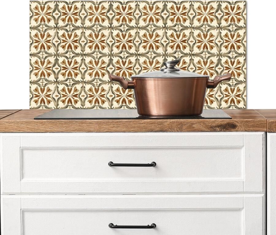 KitchenYeah Spatscherm keuken 90x45 cm Kookplaat achterwand Siertegel Patroon Bruin Muurbeschermer Spatwand fornuis Hoogwaardig aluminium