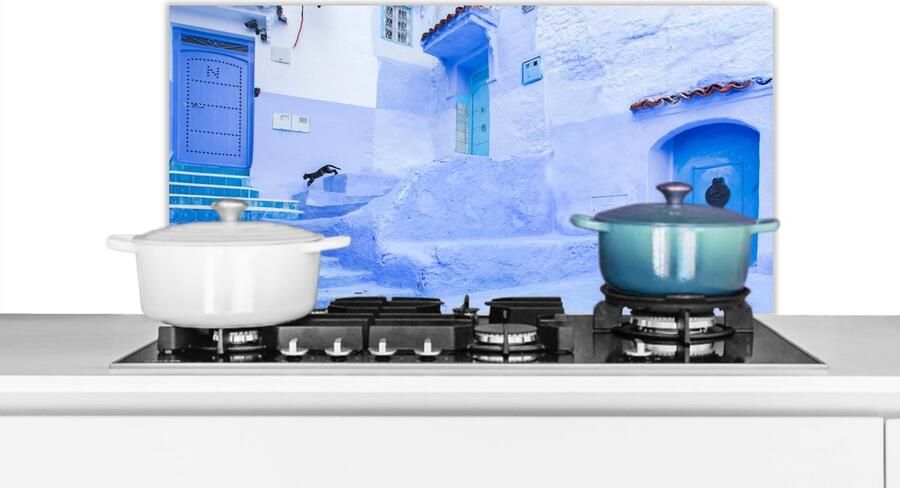 KitchenYeah Spatscherm keuken 80x40 cm Kookplaat achterwand Straat Blauw Deuren Architectuur Muurbeschermer Spatwand fornuis Hoogwaardig aluminium