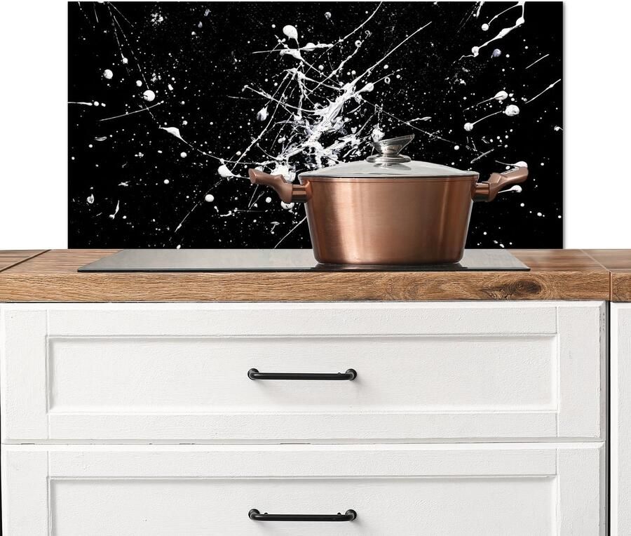 KitchenYeah Spatscherm keuken 90x45 cm Kookplaat achterwand Verfspatten Wit Abstract Explosie Muurbeschermer Spatwand fornuis Hoogwaardig aluminium