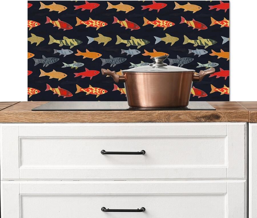 KitchenYeah Spatscherm keuken 90x45 cm Kookplaat achterwand Vissen Patroon Kleurrijk Muurbeschermer Spatwand fornuis Hoogwaardig aluminium
