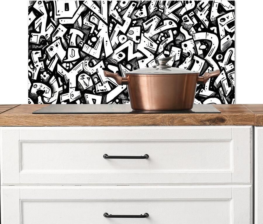 KitchenYeah Spatscherm keuken 80x40 cm Kookplaat achterwand Vormen Letters Graffiti Zwart Muurbeschermer Spatwand fornuis Hoogwaardig aluminium