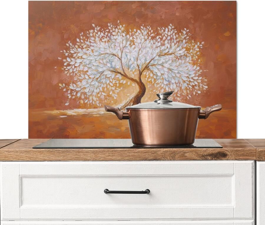 KitchenYeah Spatscherm keuken 90x60 cm Kookplaat achterwand Abstract Boom Wit Bladeren Muurbeschermer Spatwand fornuis Hoogwaardig aluminium