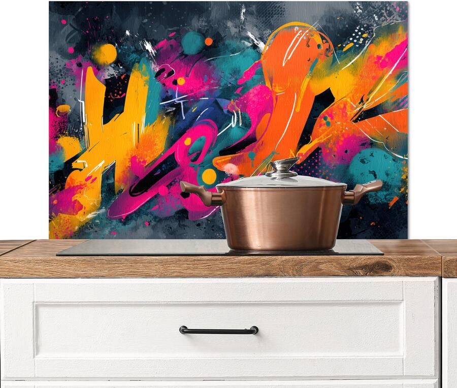 KitchenYeah Spatscherm keuken 90x60 cm Kookplaat achterwand Abstract Graffiti Kleurrijk Verfspatten Muurbeschermer Spatwand fornuis Hoogwaardig aluminium