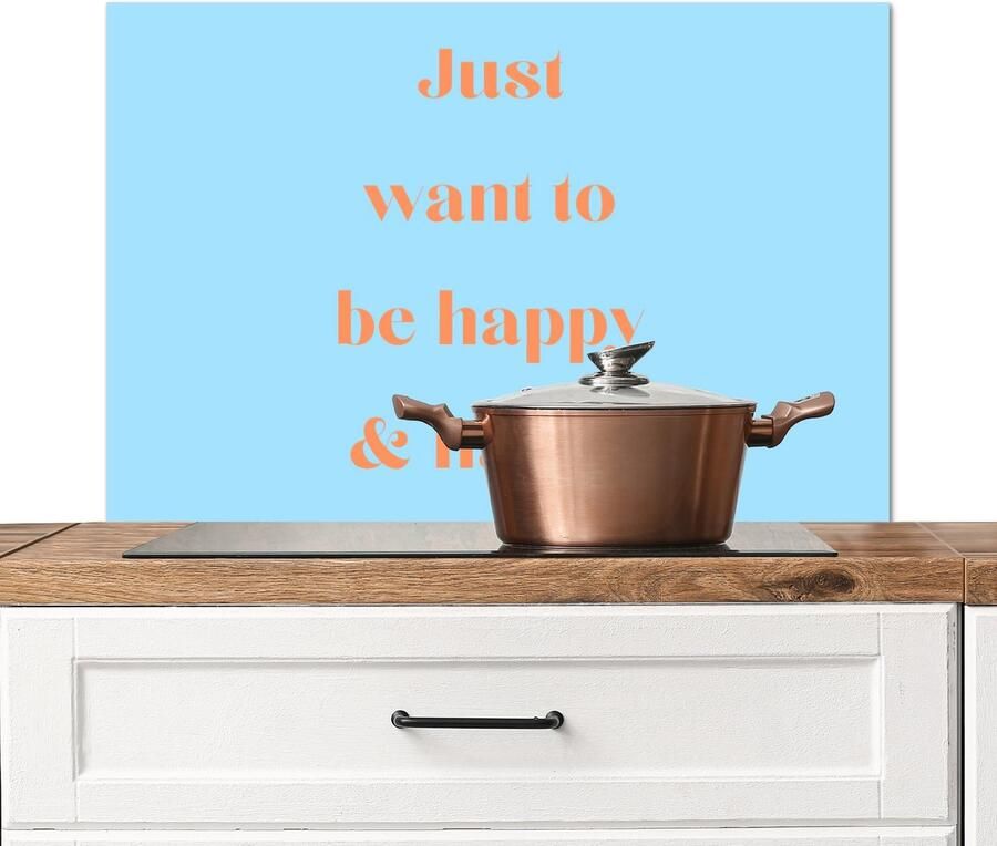 KitchenYeah Spatscherm keuken 80x55 cm Kookplaat achterwand Blauw Oranje Just want to be happy & naked Muurbeschermer Spatwand fornuis Hoogwaardig aluminium