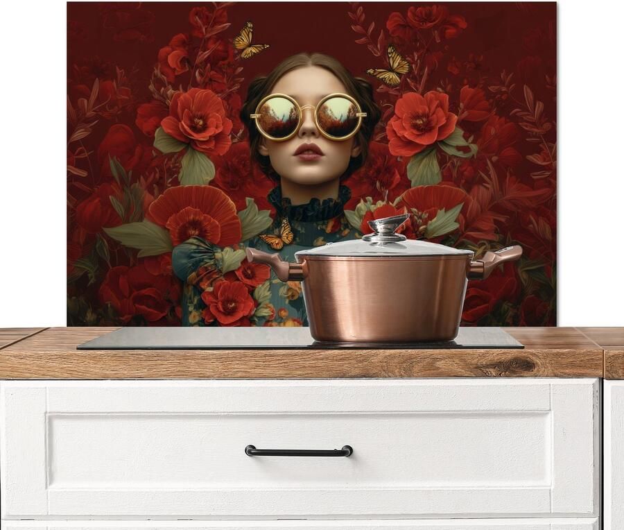KitchenYeah Spatscherm keuken 80x55 cm Kookplaat achterwand Bloemen Dieprood Zonnebril Vrouw Muurbeschermer Spatwand fornuis Hoogwaardig aluminium