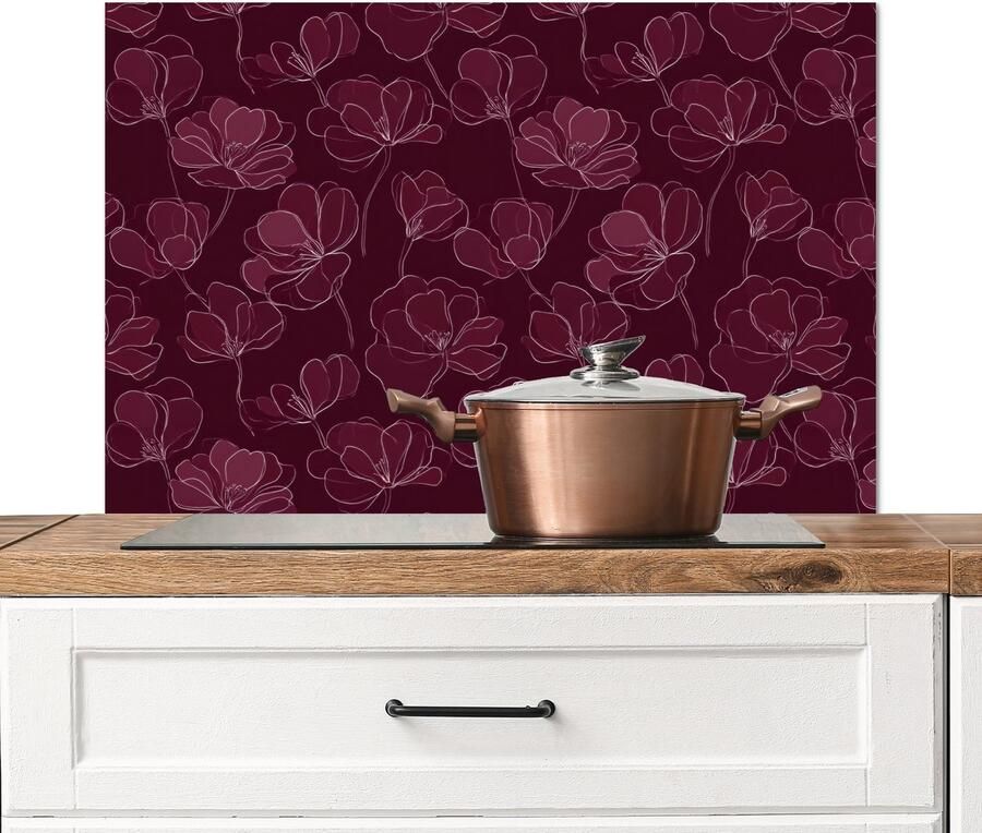 KitchenYeah Spatscherm keuken 80x55 cm Kookplaat achterwand Bloemen Patroon Bordeauxrood Muurbeschermer Spatwand fornuis Hoogwaardig aluminium