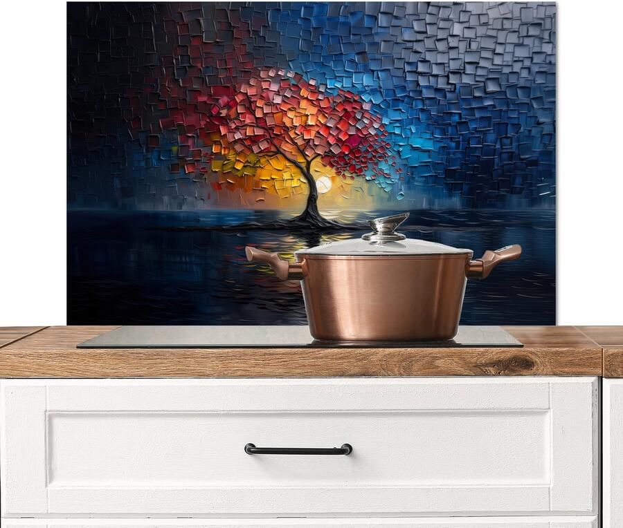 KitchenYeah Spatscherm keuken 80x55 cm Kookplaat achterwand Boom Blauw Bladeren Vakken Muurbeschermer Spatwand fornuis Hoogwaardig aluminium