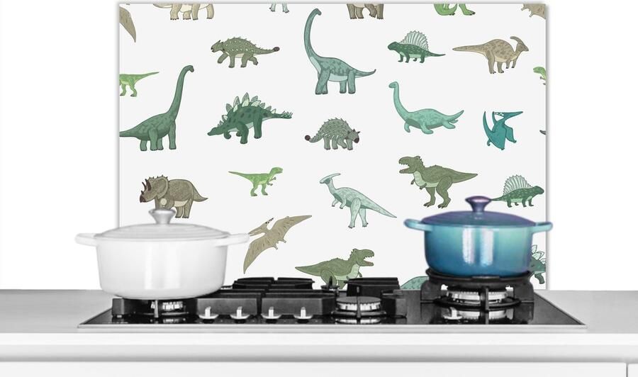 KitchenYeah Spatscherm keuken 80x55 cm Kookplaat achterwand Dinosaurus Groen Jongens Bruin Kind Patronen Muurbeschermer Spatwand fornuis Hoogwaardig aluminium