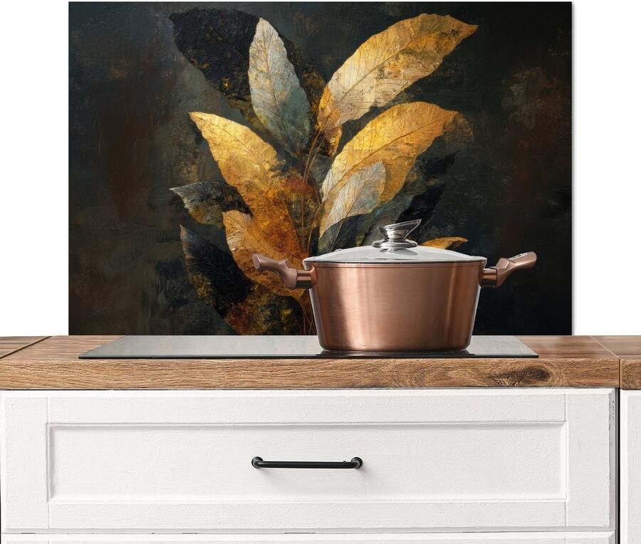 KitchenYeah Spatscherm keuken 80x55 cm Kookplaat achterwand Gouden Bladcompositie – Botanische Luxe Muurbeschermer Spatwand fornuis Hoogwaardig aluminium