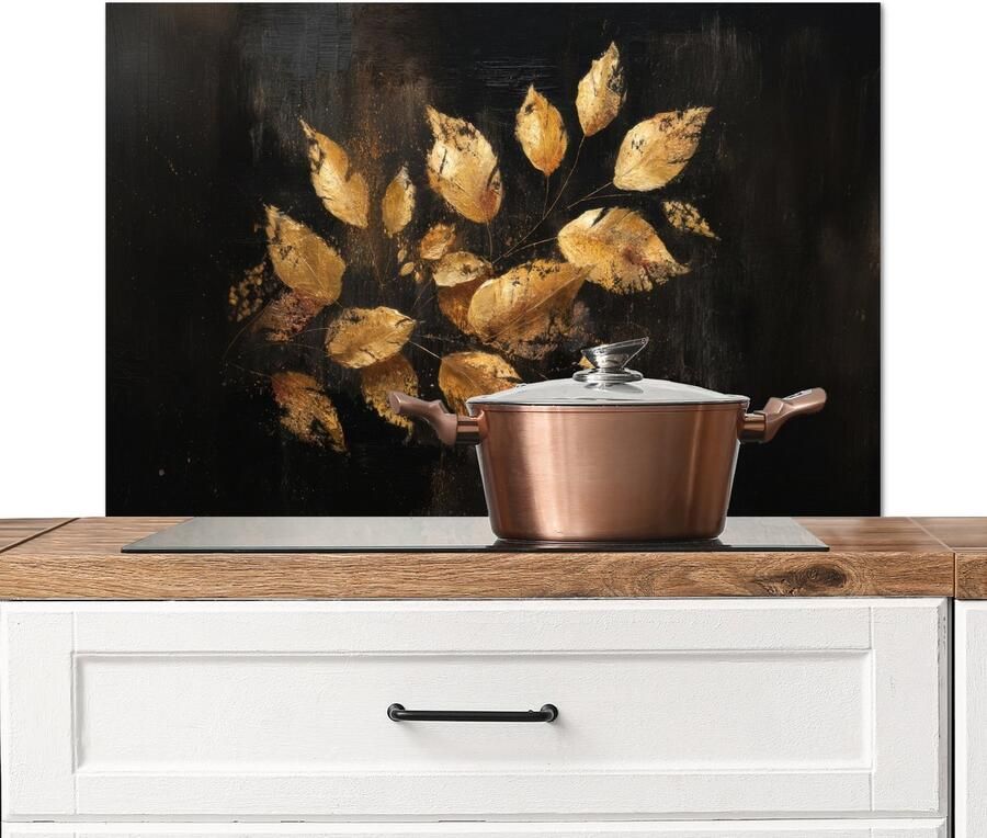 KitchenYeah Spatscherm keuken 80x55 cm Kookplaat achterwand Gouden Bladeren op Donkere Achtergrond Muurbeschermer Spatwand fornuis Hoogwaardig aluminium