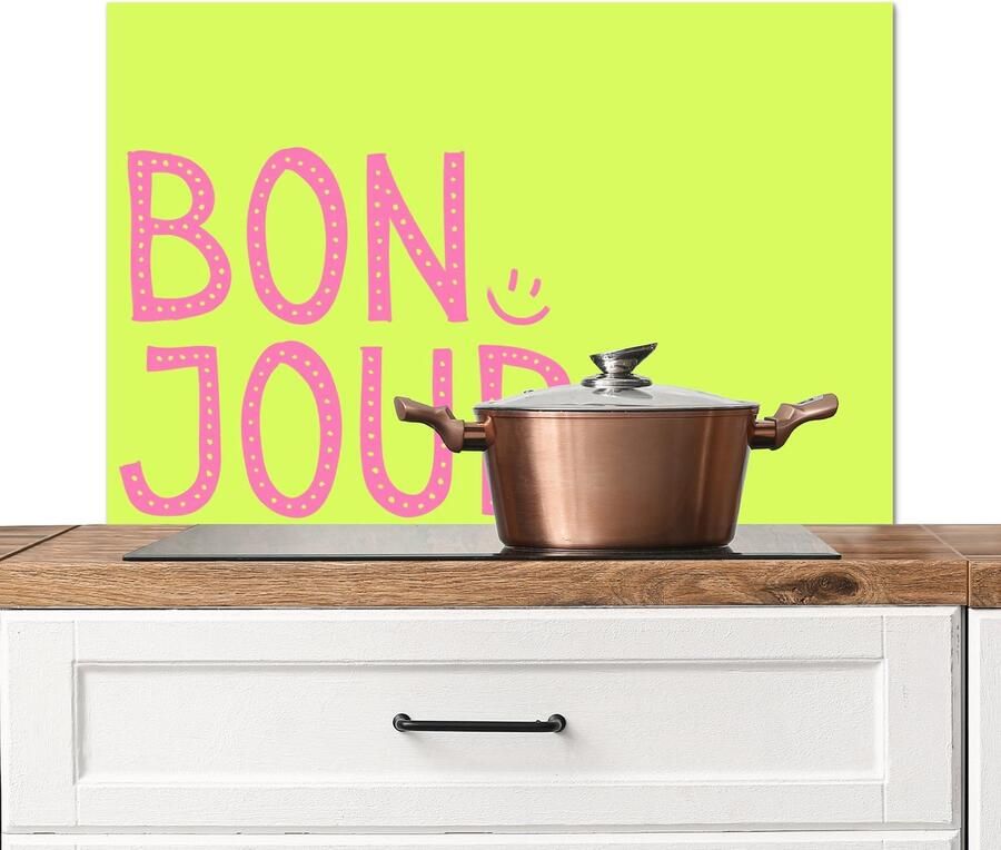 KitchenYeah Spatscherm keuken 80x55 cm Kookplaat achterwand Groen Smiley Bonjour Roze Muurbeschermer Spatwand fornuis Hoogwaardig aluminium