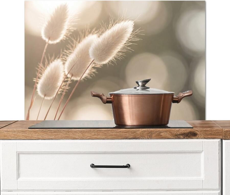 KitchenYeah Spatscherm keuken 80x55 cm Kookplaat achterwand Hazestaartgras Wit Zonlicht Muurbeschermer Spatwand fornuis Hoogwaardig aluminium