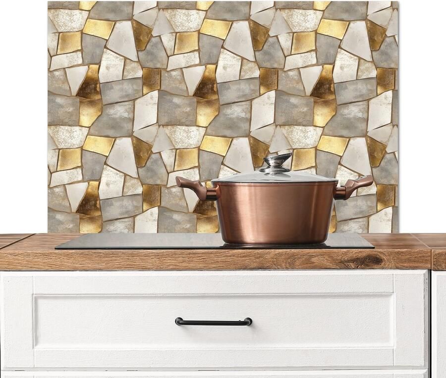 KitchenYeah Spatscherm keuken 90x60 cm Kookplaat achterwand Mozaïek Marmer print Goud Muurbeschermer Spatwand fornuis Hoogwaardig aluminium