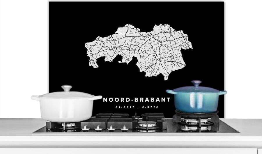 KitchenYeah Spatscherm keuken 80x55 cm Kookplaat achterwand Noord-Brabant Wegenkaart Nederland Zwart Muurbeschermer Spatwand fornuis Hoogwaardig aluminium