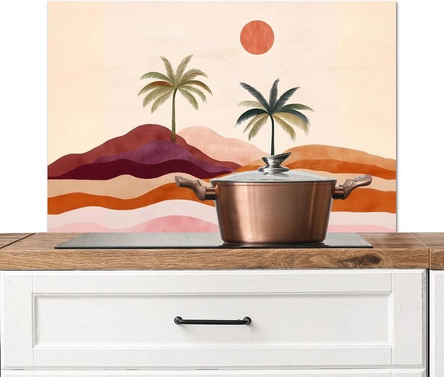 KitchenYeah Spatscherm keuken 80x55 cm Kookplaat achterwand Palmbomen Abstract Zon Heuvels Muurbeschermer Spatwand fornuis Hoogwaardig aluminium