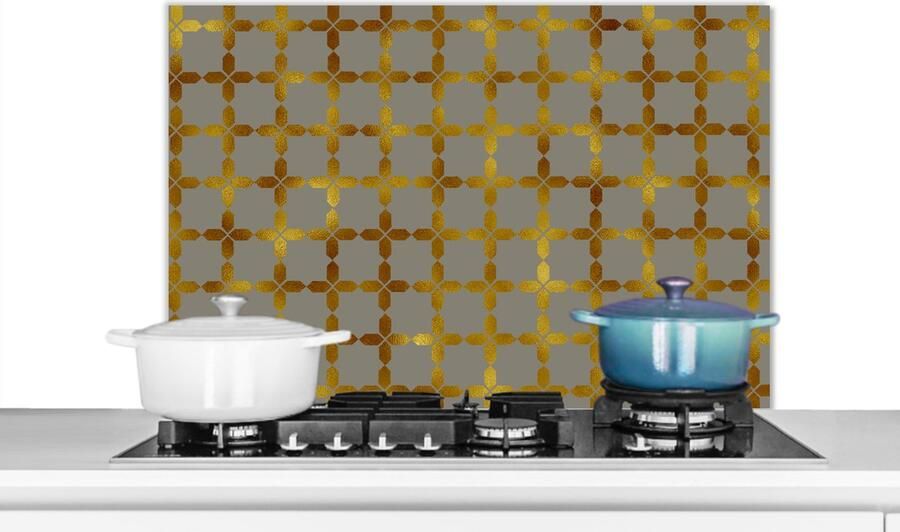 KitchenYeah Spatscherm keuken 80x55 cm Kookplaat achterwand Patronen Goud Vierkant Grijs Muurbeschermer Spatwand fornuis Hoogwaardig aluminium
