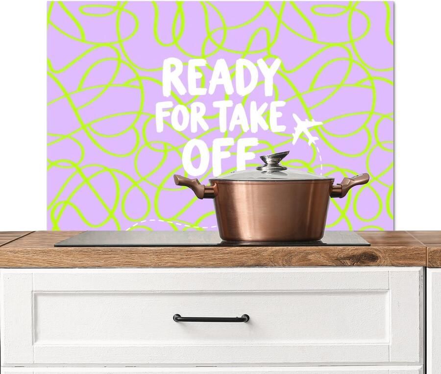 KitchenYeah Spatscherm keuken 90x60 cm Kookplaat achterwand Ready for take off Vliegtuig Groen Paars Golvende lijnen Muurbeschermer Spatwand fornuis Hoogwaardig aluminium