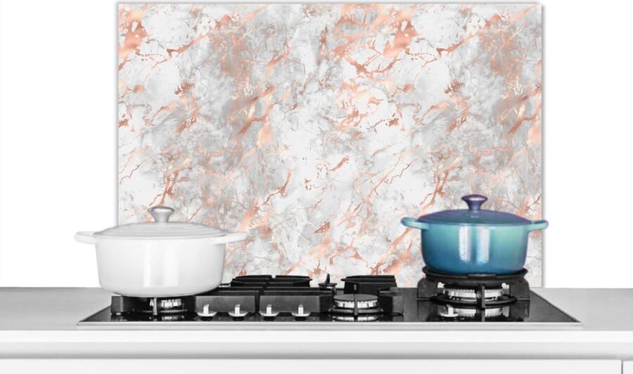 KitchenYeah Spatscherm keuken 80x55 cm Kookplaat achterwand Rose goud Marmer print Wit Patroon Muurbeschermer Spatwand fornuis Hoogwaardig aluminium