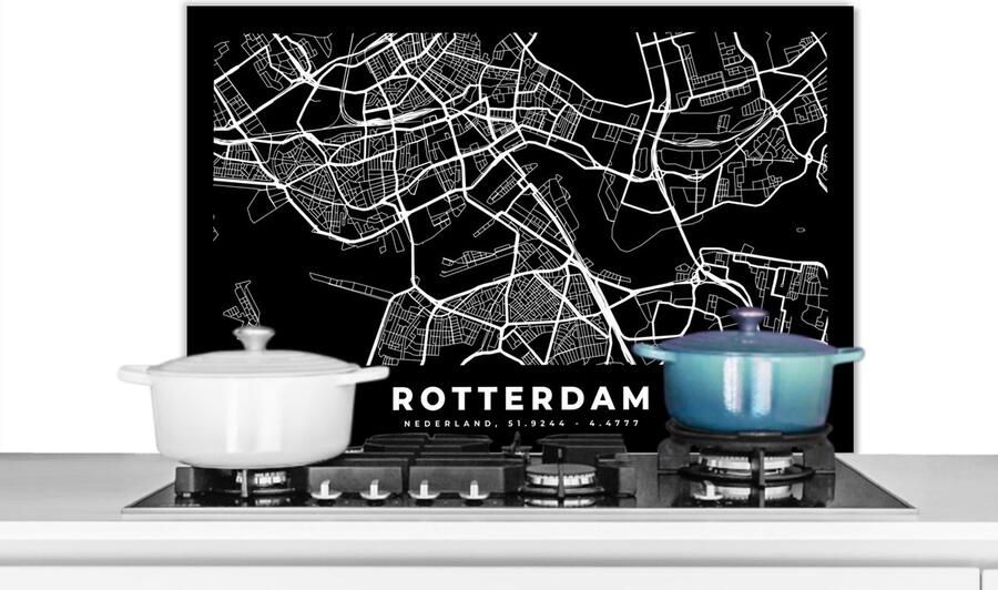 KitchenYeah Spatscherm keuken 80x55 cm Kookplaat achterwand Rotterdam Stadskaart Zwart Muurbeschermer Spatwand fornuis Hoogwaardig aluminium Plattegrond